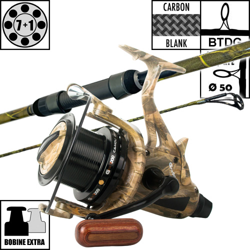 Canne Carp Design Slim Fighter Evo Camo 50mm 13' 3.5lbs + Moulinet Carp Design Débrayable Gfr9000 Camou