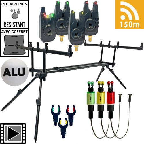 Coffret Ccarp Centrale 3 Détecteurs Vts + Rod Pod Ccarp Black Pod 3/5 Cannes + Coffret Ccarp 3 Hangers Wigglers + Support Arrière Ccarp Clamp + Support Arrière Ccarp Clamp + Support Arrière Ccarp Clamp