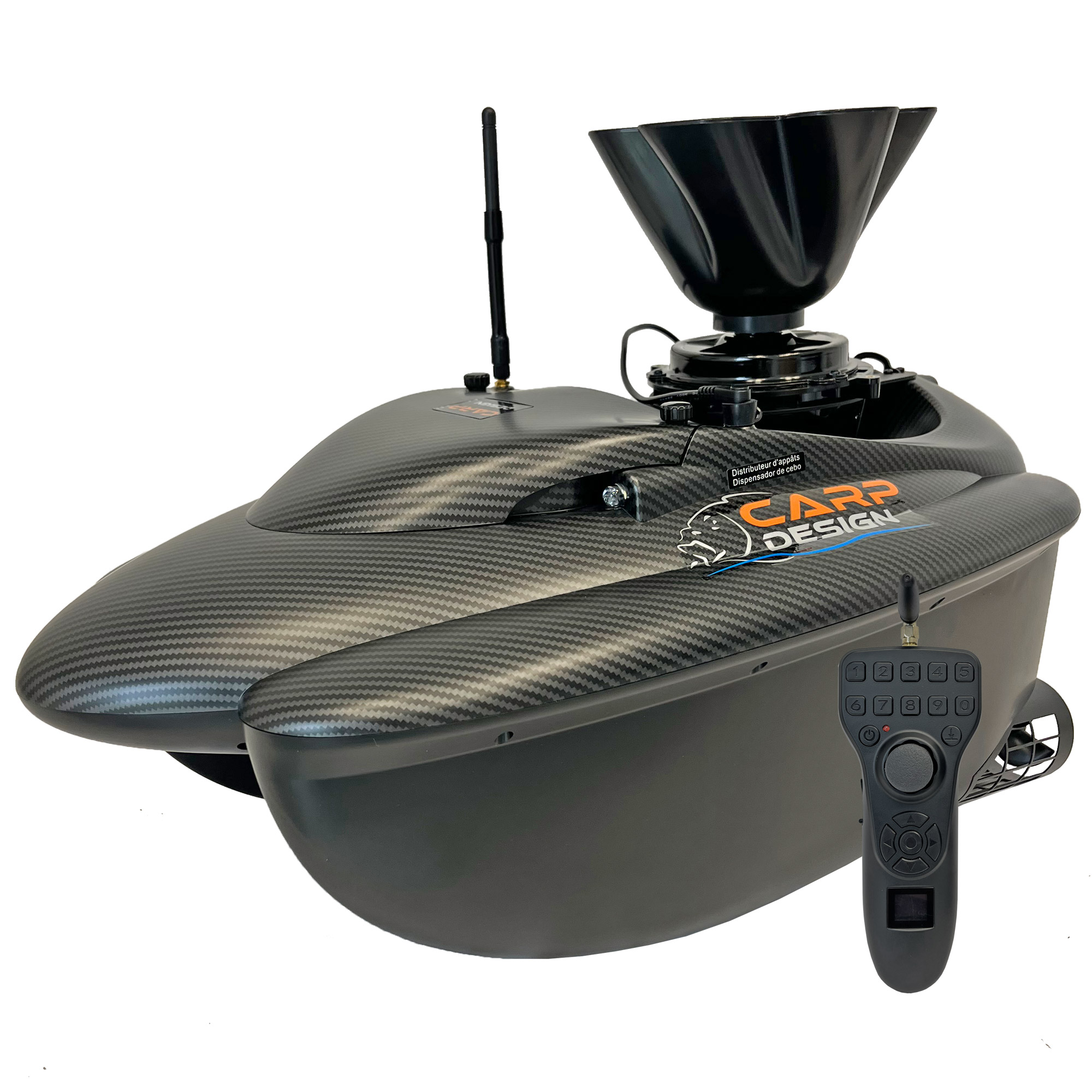 Bateau Amorceur Carp Design V50s Gps Carbon + Epandeur Carp Design Pour Bateau V50s